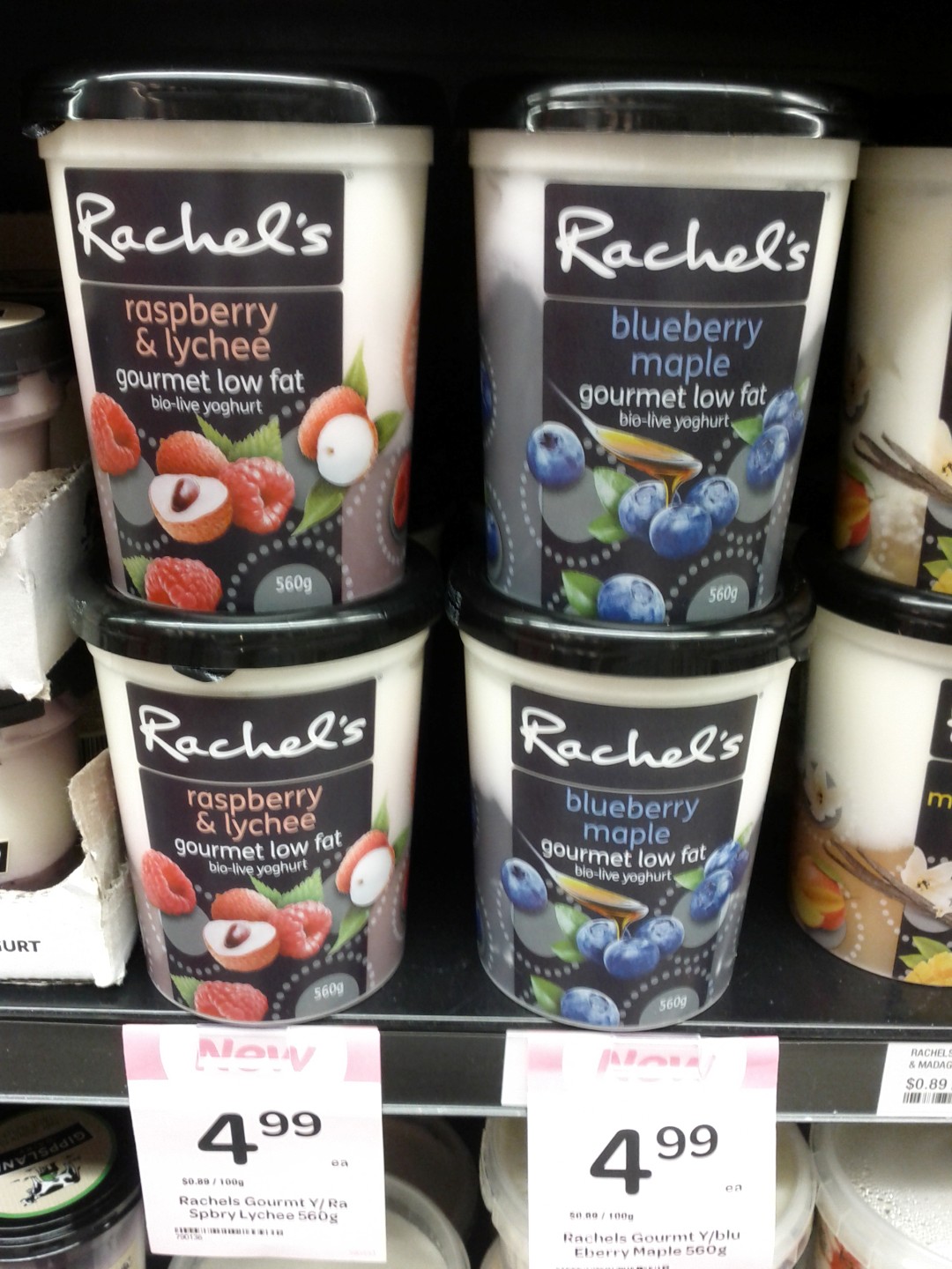 Rachels 560g Gourmet Low Fat Bio-Live Yoghurt, Raspberry & Lychee, Blueberry Maple