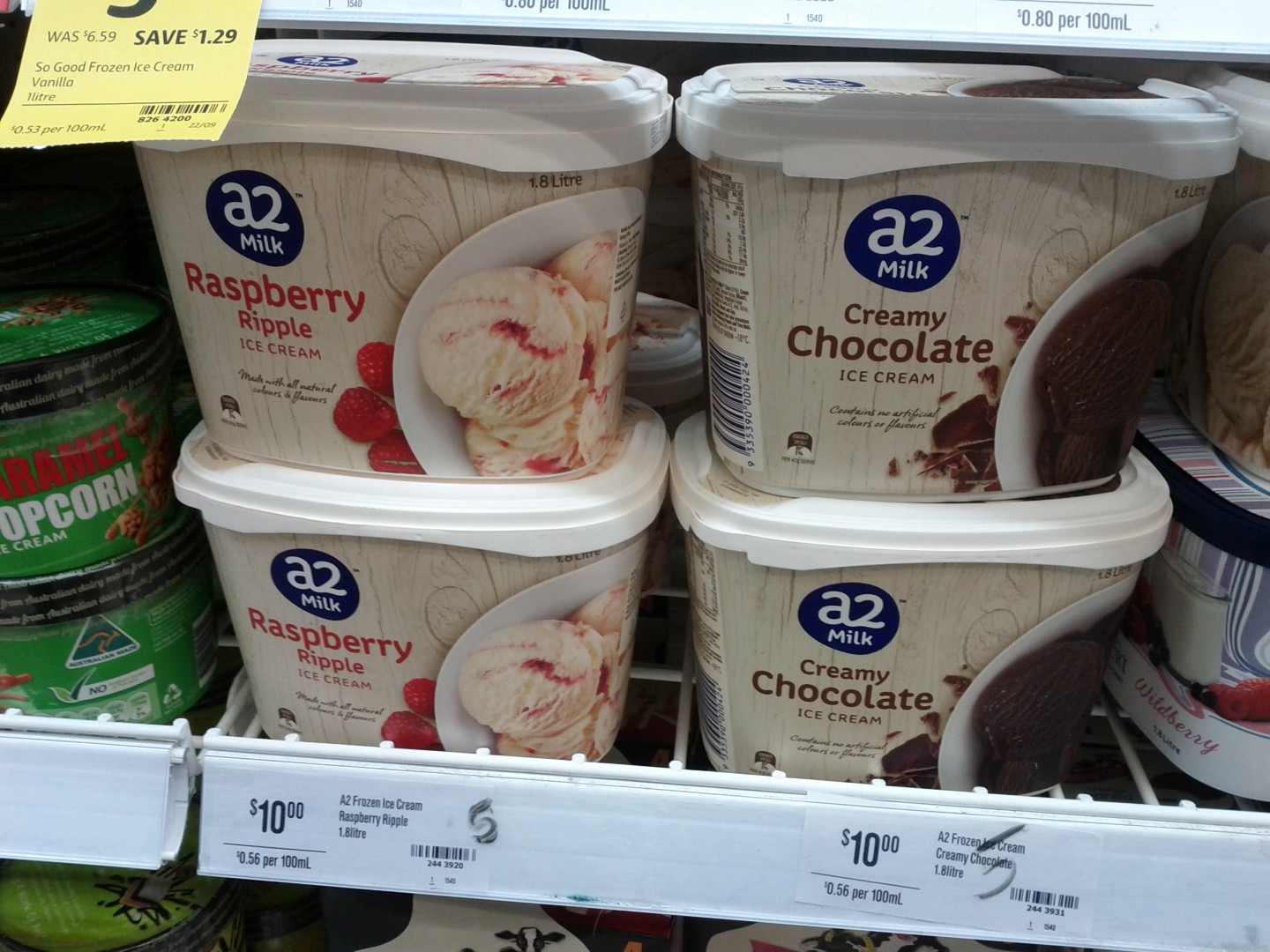 A2 Ice Cream 1.8L Raspberry Ripple, Creamy Chocolate