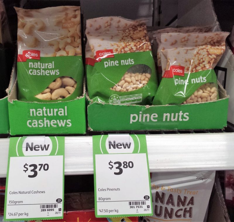 Coles 150g Natural Cashews, 80g Pinenuts