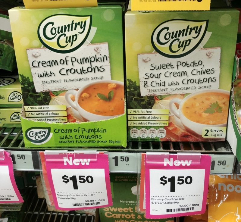 Country Cup 50g Instant Flavoured Soup Cream Of Pumpkin, Sweet Potato Sour Cream Chives & Chia