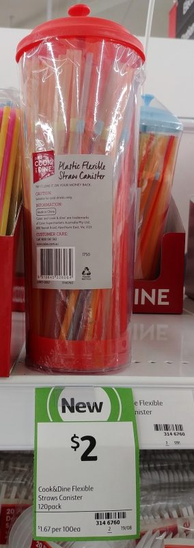 Coles 120 Cook & Dine Pack Plastic Flexible Straw Canister