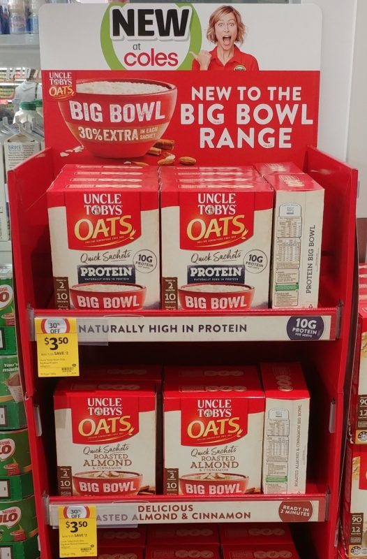 Uncle Tobys 460g Oats Big Bowl Quick Sachets Protein, Roasted Almond & Cinnamon