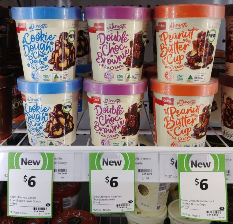Coles 473mL Ultimate Ice Cream Cookie Dough Choc Ripple, Double Choc Brownie, Peanut Butter Cup