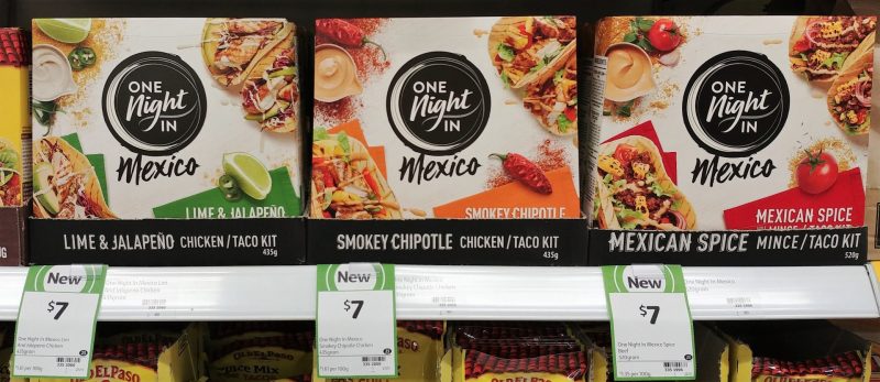 One Night In 435g Taco Kit Chicken Lime & Jalapeno, Smokey Chipotle, 520g Mince Mexican Spice