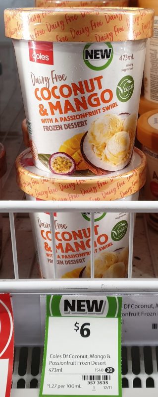 Coles 473mL Frozen Dessert Dairy Free Coconut & Mango With A Passionfruit Swirl