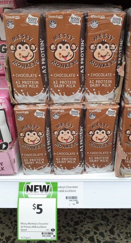 Freedom Foods 6 X 200mL Messy Monkeys A2 Protein Dairy Milk Chocolate