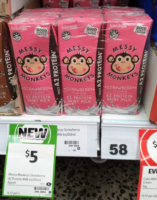 Freedom Foods 6 X 200mL Messy Monkeys A2 Protein Dairy Milk Strawberry