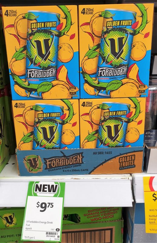 V 4 X 250mL Energy Drink Forbidden Guarana Golden Fruits Flavour