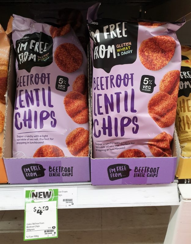 Coles 108g I'm Free From Lentil Chips Beetroot