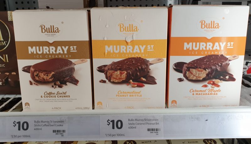 Bulla 400g Murray St Ice Creamery Coffee Swirl & Cookie Chunks, Caramelised Peanut Brittle, Caramel Maple & Macadamias