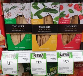 Tucker's 100g Crackers Artisan Rosemary Lineseed & Rock Salt, Lemon Myrtle & Pepper, Tomato & Basil