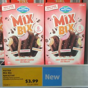 Aldi 631mL Milfina Mix Bix Ice Cream Choc Biscuit Coated Caramel Strawberry Honeycomb